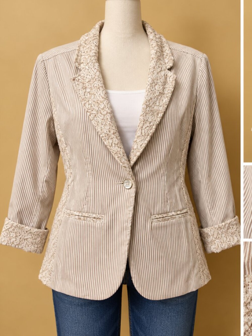 Chico’s Striped Lace Trim Blazer Jacket Size Large